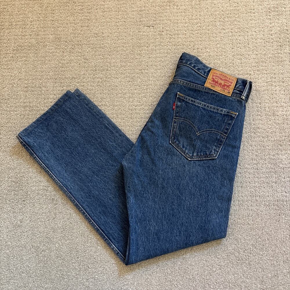Levis 505 Mens Sz 34/32 Blue Regular Fit Straight Leg Dark Wash Cotton Denim